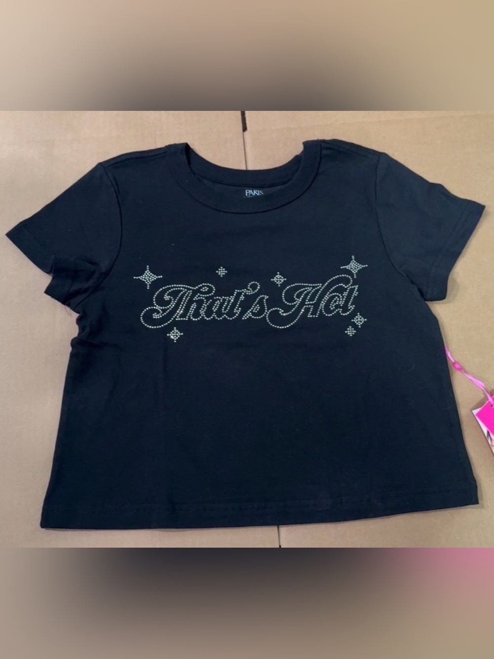 Paris Hilton Black Short Sleeve Tee with Silver Rhinestone "That's Hot"